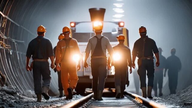 Tunnel Explorers: A band of industrial workers advance confidently towards a train, their silhouettes illuminated by the train's beacon in a gritty tunnel setting, ready to take on the daily grind.