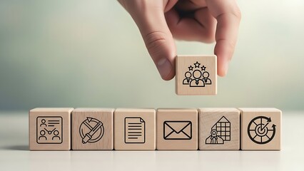 Hand places wooden block with team icon onto row of blocks representing business functions, symbolizing leadership and teamwork in a corporate setting.