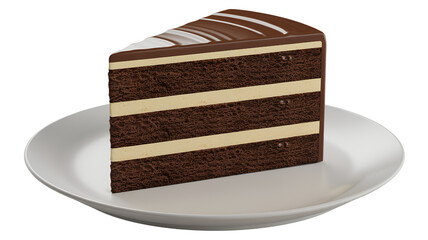 Slice of Chocolate Layer Cake with Cream Filling on Plate, Angled View, Isolated
