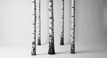Minimalist shot of five birch trunks against a plain, bright background