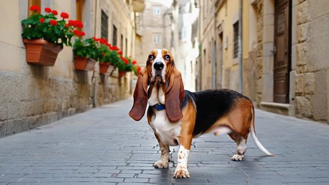 Basset hound standing on a cobblestone street with flower boxes on the walls in the background dog video