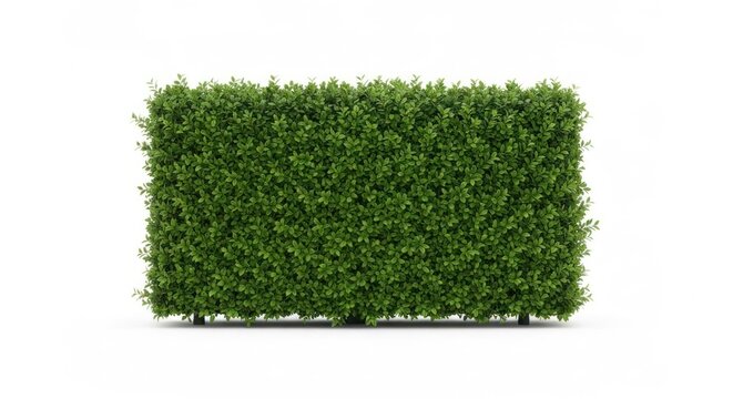Lush, green rectangular hedge isolated on white background, neatly trimmed