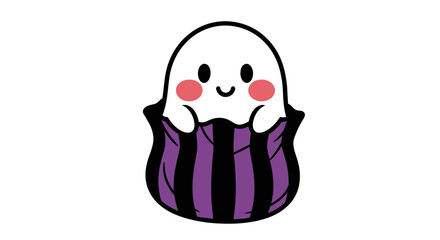 Cute cartoon ghost with blushing cheeks peeking out of a striped bag for Halloween