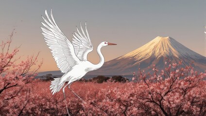 Naklejka premium A white crane takes flight over blossoming cherry trees with a majestic mountain in the background