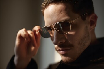 Obraz premium Stylish man adjusting sunglasses with a serious expression in a moody atmosphere
