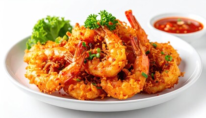 Crispy golden-fried shrimp are meticulously arranged on a plate with vibrant garnishes and a delectable dipping sauce. This culinary masterpiece showcases the textures and flavors. 