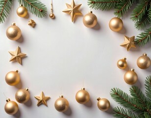 Minimal Christmas Flatlay with Pine Branches and Ornaments