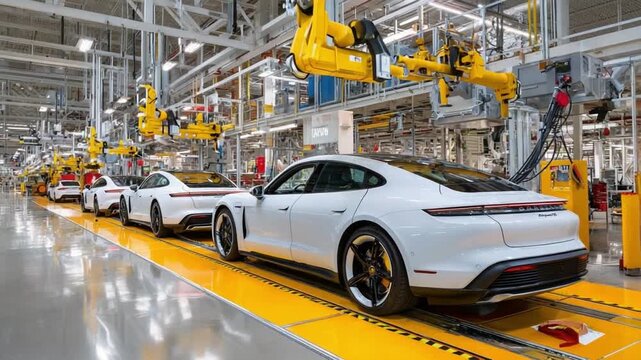 Automated Assembly Line: A panoramic view of a modern automotive factory, where sleek vehicles move along an automated assembly line, with robotic arms precisely carrying out their tasks