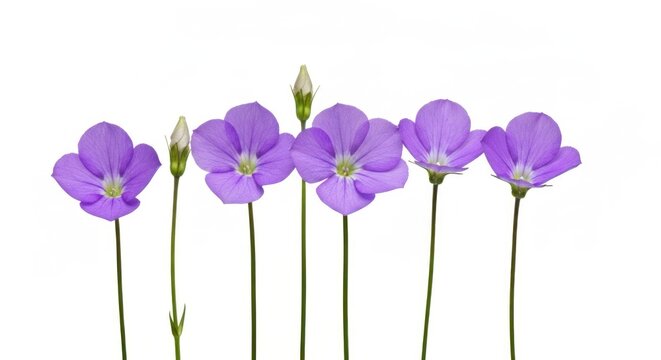 Row of delicate, light-purple, five-petal flowers with buds on thin green stems