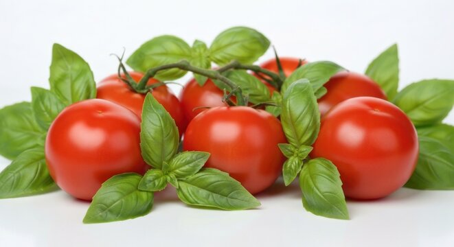 Ripe red tomatoes on the vine with fresh basil leaves, against a white backdrop