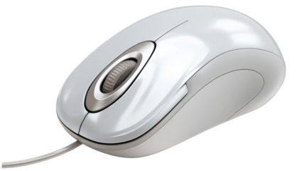 White wired computer mouse showing optical scrolling and clicking functions, a modern essential computing peripheral on transparent background