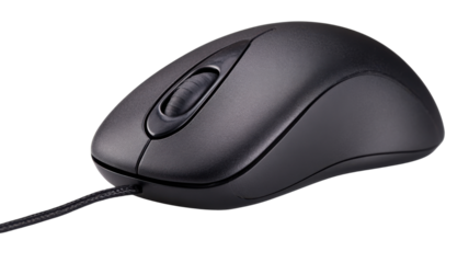 Black computer mouse, a wired peripheral with scroll wheel, connecting to digital technology and modern computing