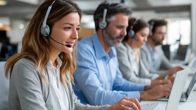 Customer Service Representatives: Focus on service in a dynamic call center environment. The scene showcases a group of dedicated professionals with headsets, immersed in their work.