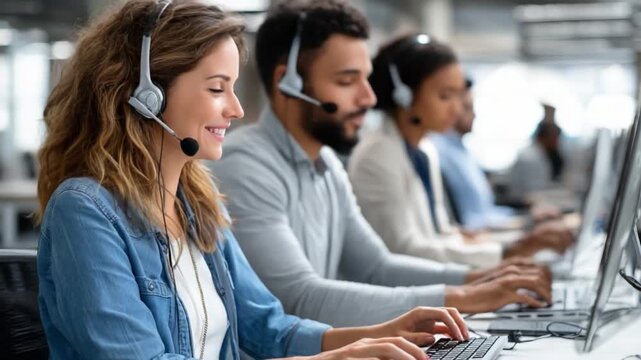 Communication at Work: A team of customer support representatives, each wearing a headset, intently focus on their tasks at their workstations, engaging in crucial conversations.