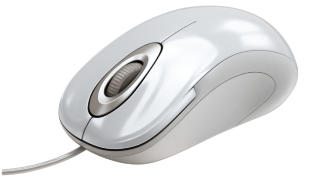 White wired computer mouse showing optical scrolling and clicking functions, a modern essential computing peripheral on transparent background