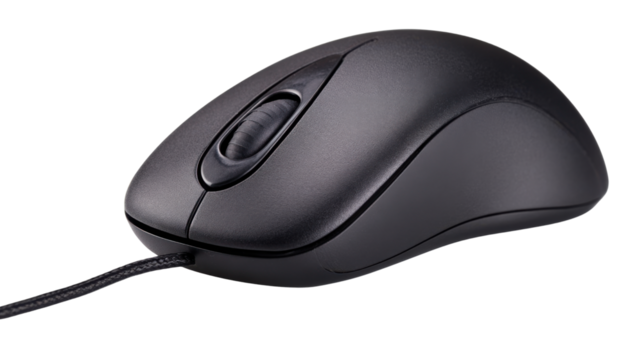 Black computer mouse, a wired peripheral with scroll wheel, connecting to digital technology and modern computing