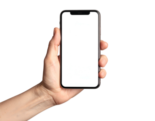 Hand holding a modern black smartphone with a blank white screen