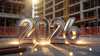 Shiny metallic 2026 numbers in urban construction setting with sparks.
