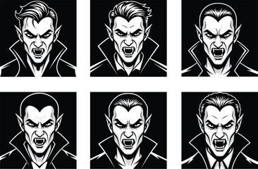 Vampire character illustrations, fierce undead faces, gothic horror art, monster portraits, fang-bearing vampire designs, dark fantasy villain vector set