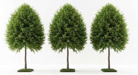 Three symmetrical trees with green foliage on square grass bases