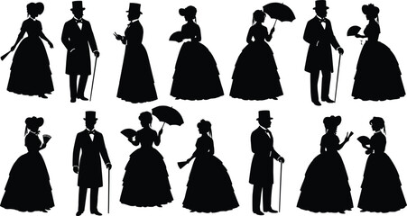 Victorian silhouettes, 19th century fashion, man and woman figures, top hats, parasols, formal attire, vintage art, historical clipart, social pose, character design