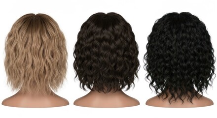 Three heads with wavy bob hairstyles in blonde, brown, and black colors