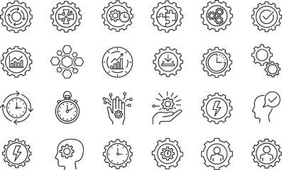 Productivity icon set, business process symbols, gear-based vector grid, efficiency, teamwork, planning, strategy, black and white design