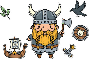 Viking cartoon illustration, Norse mythology theme, horned helmet warrior, battle axe, Viking ship, raven, shield, Mj&ouml;lnir, playful design