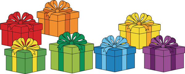 Vibrant gift boxes with ribbons, colorful packaging, festive presents, holiday celebration, birthday surprise, decorative wrapping, cheerful design, vector illustration