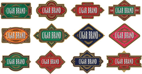 Vintage cigar label badge set with decorative frames, retro tobacco packaging emblems, ornate branding templates and classic luxury design elements