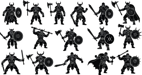 Viking warrior silhouette set, black Norse fighters, battle poses, medieval weapons, horned helmets, fantasy character design, combat, historical clipart