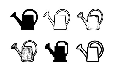 Set of six watering can icons: silhouette, outline, grunge, pixel, sketch, hand drawn styles