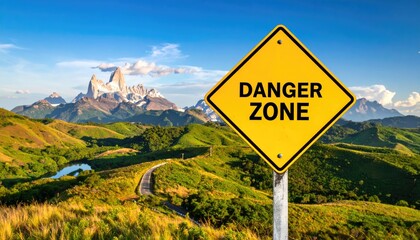 A bold Danger Zone sign, against a majestic mountain backdrop, captures the essence of risk and adventure. The image encapsulates the spirit of caution, exploration.