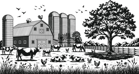 Vintage farm landscape scene with cows barn silos and tree, rural countryside illustration in engraved style, cad drawing flat vector illustration