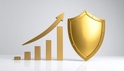 Visualizing financial security and growth, a golden shield stands protectively alongside a rising bar graph, symbolizing resilience, protection, and the upward trajectory of prosperity.