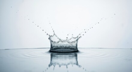 Water drop creating crown shape with splashes, ripples on a surface, light background