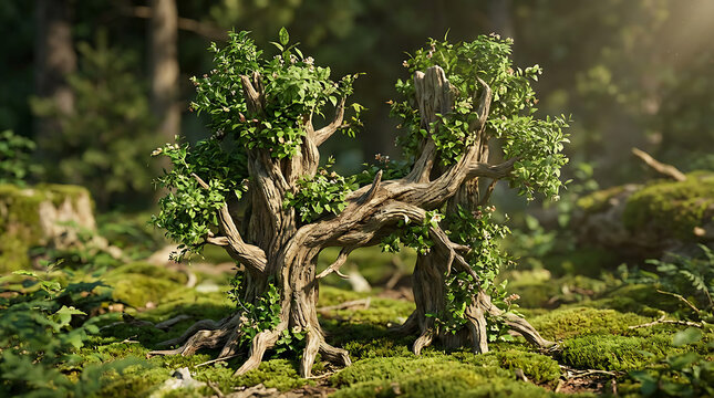 Two intertwined trees forming the letter H in a magical forest.
