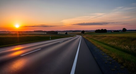 Scenic road at sunset Captivating views of the countryside with a winding road bathed in golden sunlight