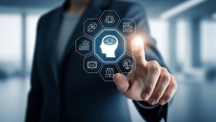 Person touches digital interface displaying brain and business symbols representing artificial intelligence and innovation in a technologydriven world.