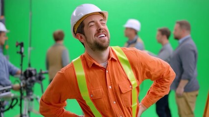 Construction worker's contentment: A construction worker, wearing a helmet and safety vest, radiates joy amidst a backdrop of a construction site or film set.