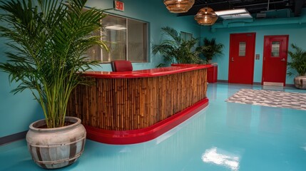 Medium shot showcasing a vibrant office with bold colors lively patterns and uplifting decor elements that inspire creativity and energy.
