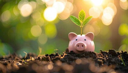 A charming piggy bank sprout a vibrant green plant, embodying the growth of savings and prosperity in an enchanting, sun-dappled setting.