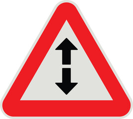 Two-way traffic warning sign illustration, triangular road symbol with vertical connector, red border and black arrows vector