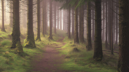 Naklejka premium vanishing. Misty forest path with straight tree trunks leading into the distant fog. travel magazines, destination branding, designed for travel destination branding, used by event planners.