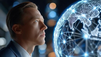 Global Vision: A focused individual contemplates a luminous representation of the globe, embodying vision, progress, and interconnectedness. A symbol of ambition and the future. - Powered by Adobe