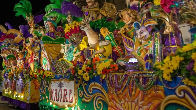 A brightly colored Mardi Gras parade float adorned with numerous figures flowers and beads at night