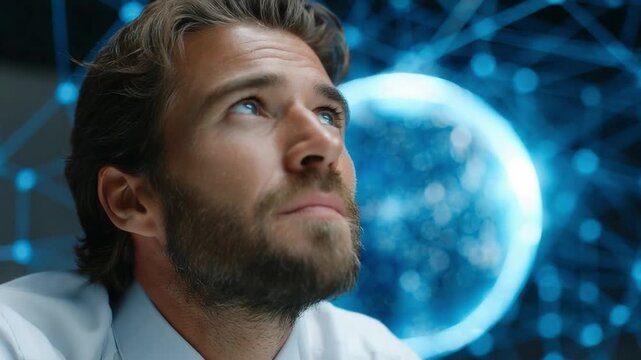 Scientist's Vision: A focused scientist gazes upwards with a determined expression, contemplating the intricate world of science with cutting-edge technology behind him.