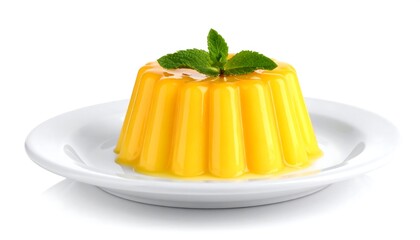 Sweet, yellow, jiggling dessert with mint, served on a white plate