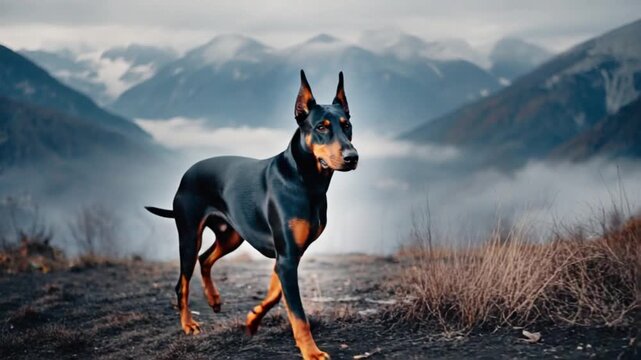 Doberman pinscher standing outdoors with mountains and fog in the background on a cloudy day dog video