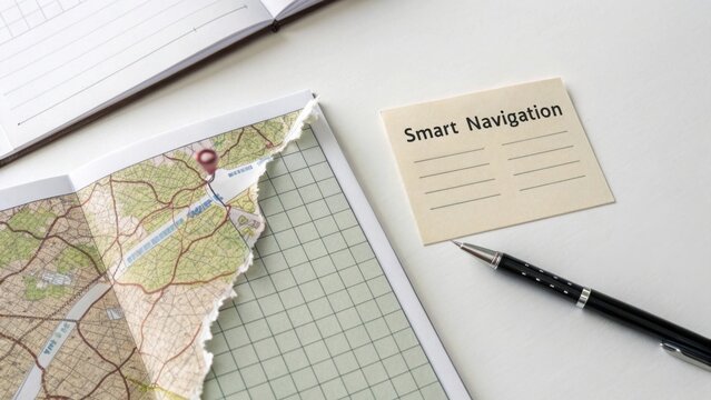 Torn map revealing GPS grid and pen on a white surface